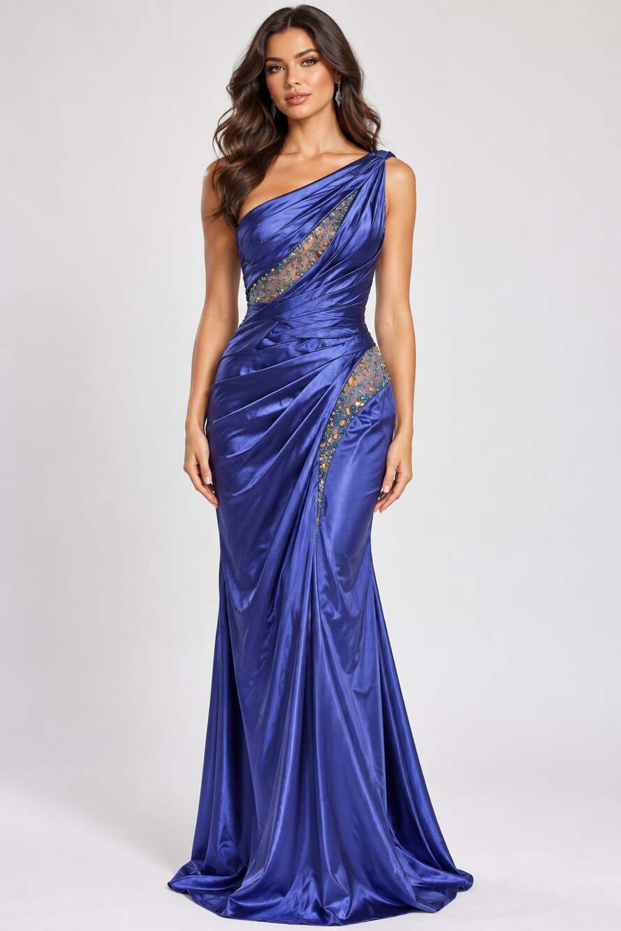 Ladivine by Cinderella Divine 9507 Satin One Shoulder Gown Royal Blue Size: 16